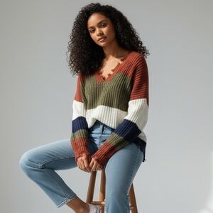 EE: SOME - STYLE #SK2067 COLOR BLOCK TATTERED DISTRESSED LOOSE KNIT SWEATER B6